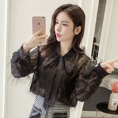 Éteri női blúz két színben, szalagdíszítéssel