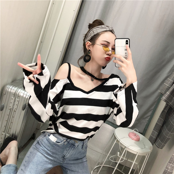 Μοντλερνα γυναικεία  ριγέ μπλούζα με έναν ώμο 