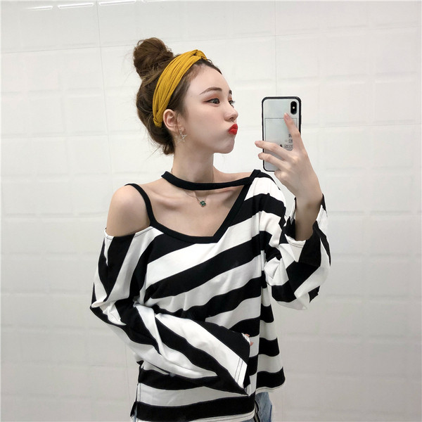 Μοντλερνα γυναικεία  ριγέ μπλούζα με έναν ώμο 