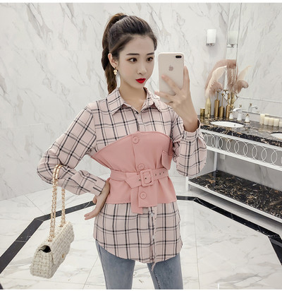 Cămașă modernă de damă cu curea în maro și roz