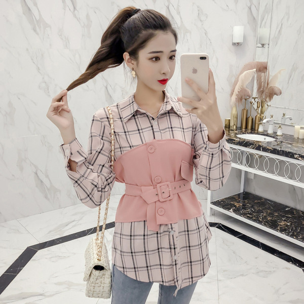 Cămașă modernă de damă cu curea în maro și roz