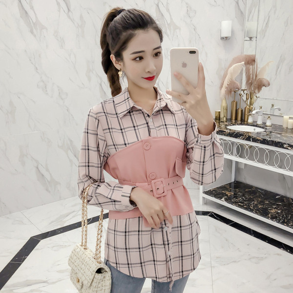 Cămașă modernă de damă cu curea în maro și roz