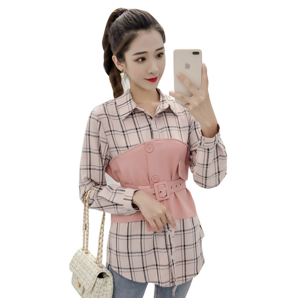 Cămașă modernă de damă cu curea în maro și roz