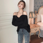 Vastag női blúz ejtett ujjakkal, fekete színben