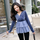 Új modell női blúz V-nyakkal és tüll kék és fekete színben