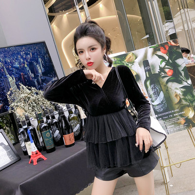 Új modell női blúz V-nyakkal és tüll kék és fekete színben