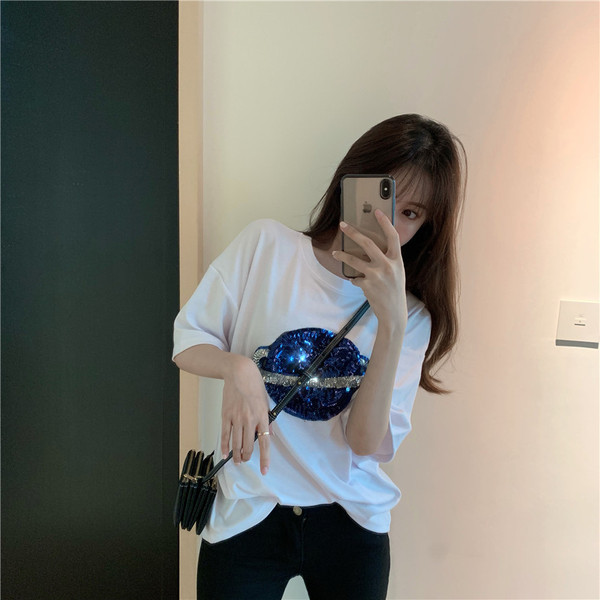 Modern női póló két színben, flitterekkel