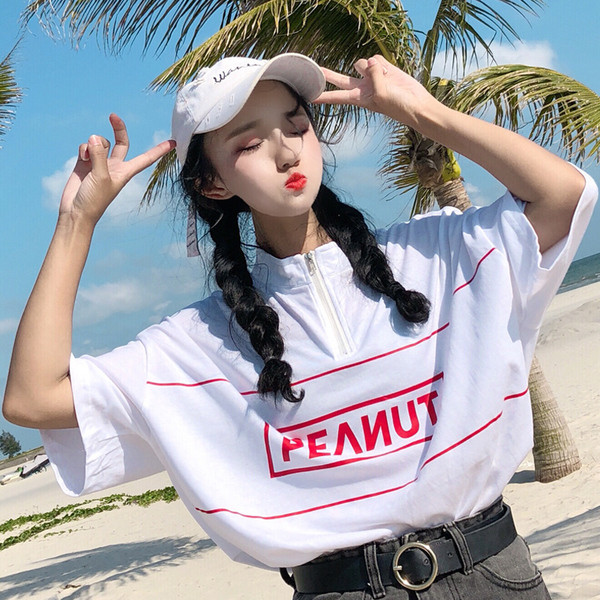 Női alkalmi póló cipzárral és felirattal