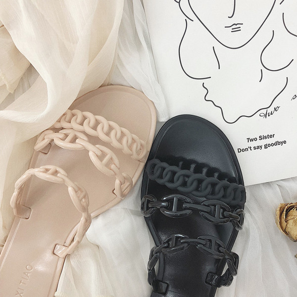 Ежедневни дамски чехли с равна подметка в черен и бежов цвят