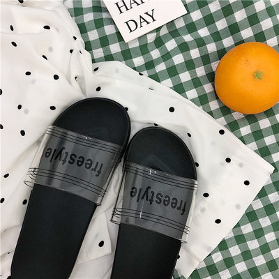 Papuci de dama transparenti cu inscriptie alb-negru