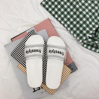 Papuci de dama transparenti cu inscriptie alb-negru