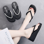 Модерни дамски чехли с платформа и перли в два цвята