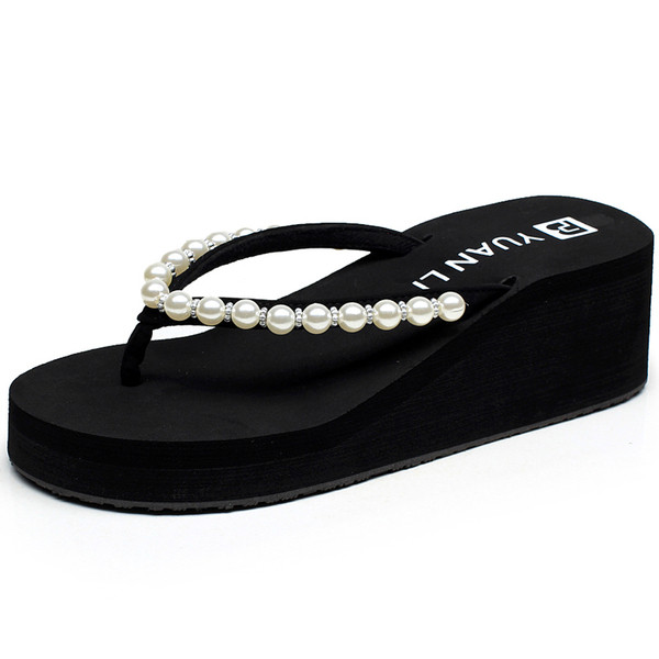 Модерни дамски чехли с платформа и перли в два цвята