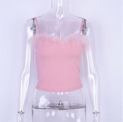 Модерен дамски потник с елемент-пух в розов цвят