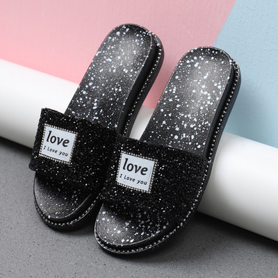 Лъскави дамски чехли с надпис в три цвята