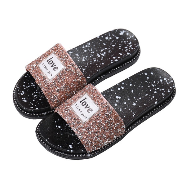 Лъскави дамски чехли с надпис в три цвята