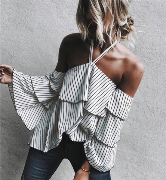 Актуална дамска раирана риза с лотос ръкав 