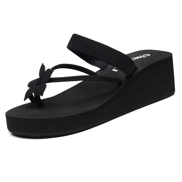 Дамски модерни чехли с 3D елемент и висока подметка в черен и кафяв цвят