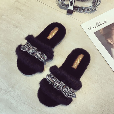 Пухени дамски чехли с карирана панделка в два цвята