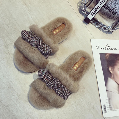 Пухени дамски чехли с карирана панделка в два цвята