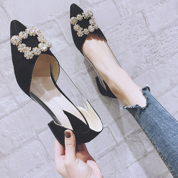 Елегантни дамски обувки с прозрачни елементи и метална катарама в няколко цвята