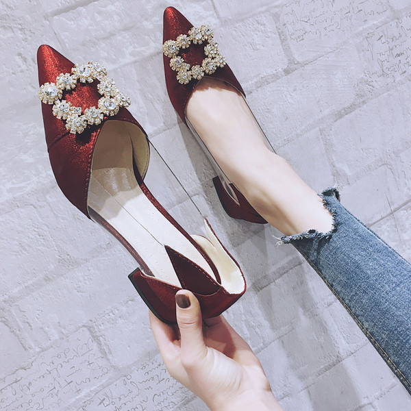 Елегантни дамски обувки с прозрачни елементи и метална катарама в няколко цвята