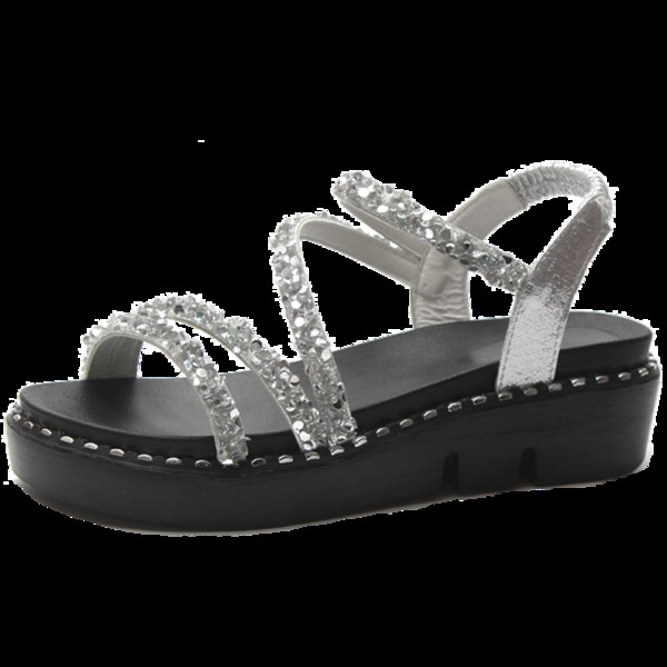Модерни дамски сандали с камъни в черен и сребрист цвят