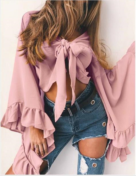 Актуална дамска риза с лотос ръкав къс модел в няколко цвята 