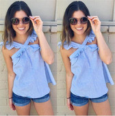 Модерен дамски потник с кръстосани презрамки в син цвят