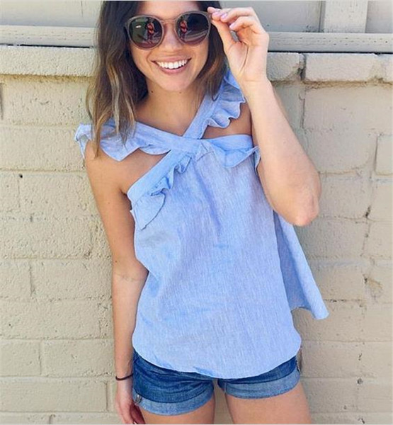 Модерен дамски потник с кръстосани презрамки в син цвят 