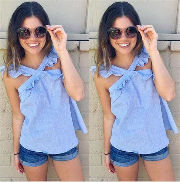 Модерен дамски потник с кръстосани презрамки в син цвят 