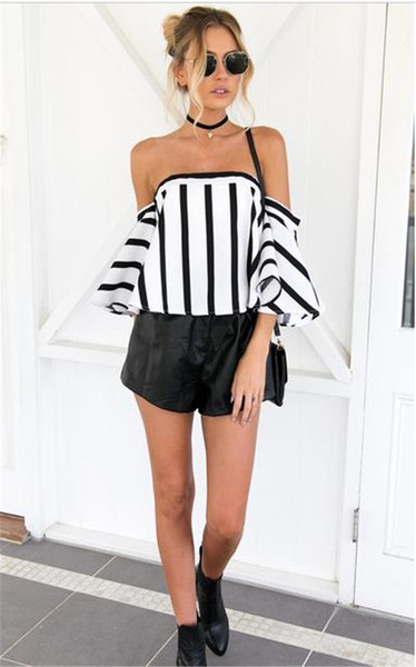 Актуална дамска раирана  блуза с къс лотос  ръкав 