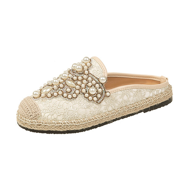 Модерни дамски чехли с камъни и дантела в два цвята