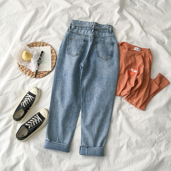 Дамски ежедневни дънки широк модел в син цвят