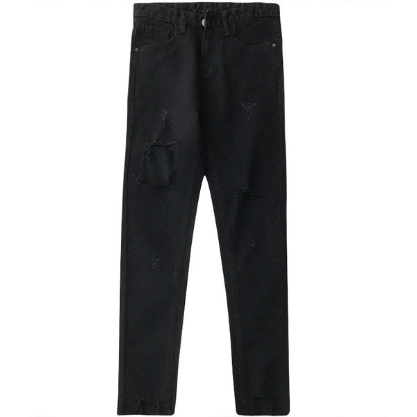 Дамски дънки в черен цвят с висока талия и разкъсани мотиви