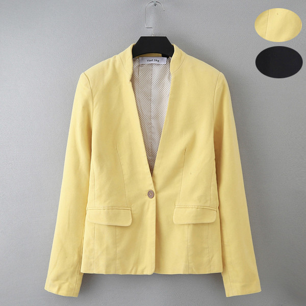 Модерно дамско сако с едно копче в черен и жълт цвят