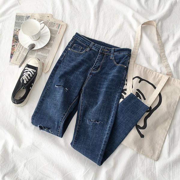 Актуални дамски дънки с висока талия в син цвят