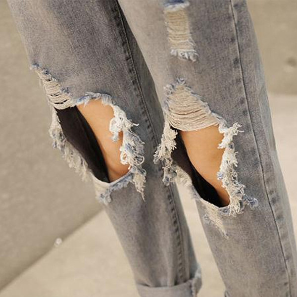 Blugi casual de dama cu motive rupte si talie inalta