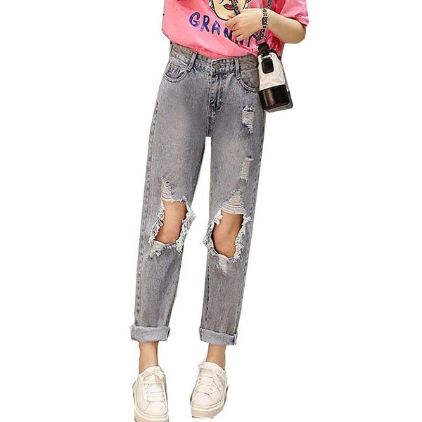 Blugi casual de dama cu motive rupte si talie inalta