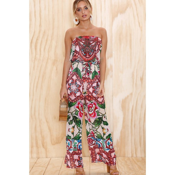 Μοντέρνα γυναικεία καλοκαιρινή ολόσωμη φόρμα  με φυτικά μοτίβα με δύο χρώματα