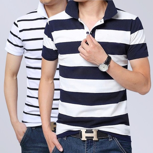 Tricou barbatesc in dungi cu maneci scurte si guler in mai multe culori