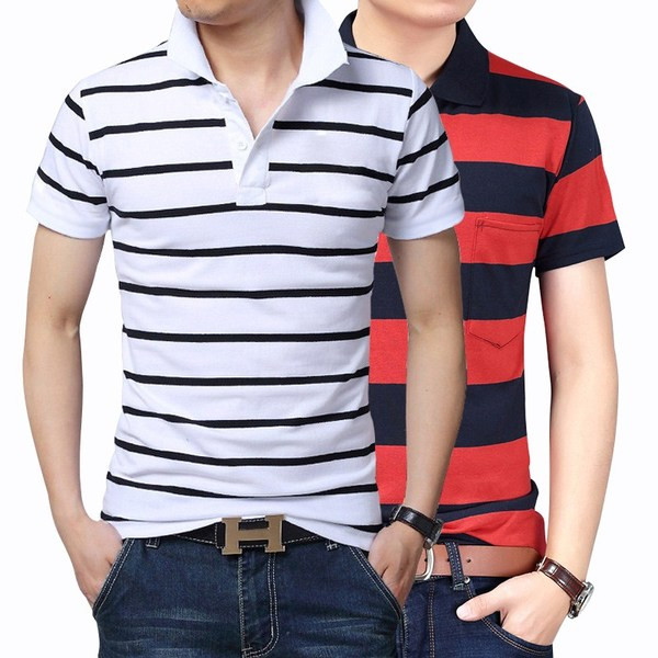 Tricou barbatesc in dungi cu maneci scurte si guler in mai multe culori