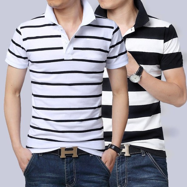 Tricou barbatesc in dungi cu maneci scurte si guler in mai multe culori