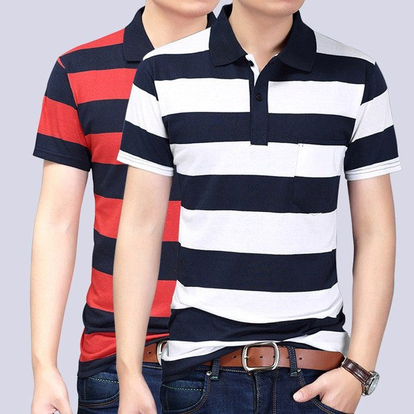 Tricou barbatesc in dungi cu maneci scurte si guler in mai multe culori