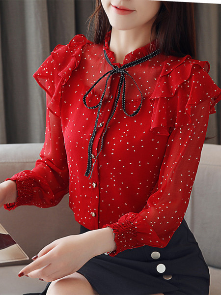 Κομψό γυναικείο πουκάμισο σε μαύρο και κόκκινο με κορδέλα