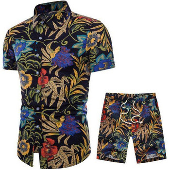 Модерен мъжки цветен комплект включващ риза и къси панталони