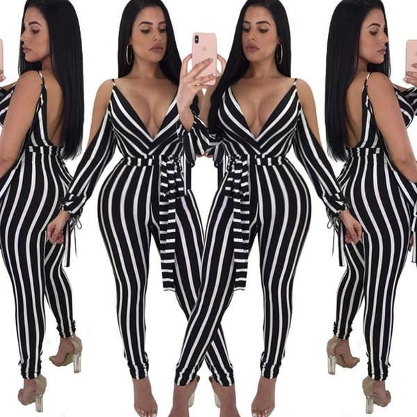 Salopetă modernă pentru femei în dungi, cu decolteu în V adânc, în alb-negru