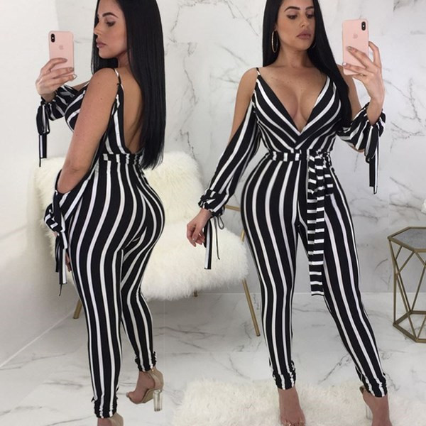 Salopetă modernă pentru femei în dungi, cu decolteu în V adânc, în alb-negru