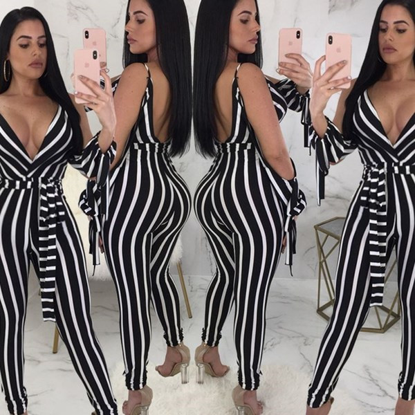 Salopetă modernă pentru femei în dungi, cu decolteu în V adânc, în alb-negru