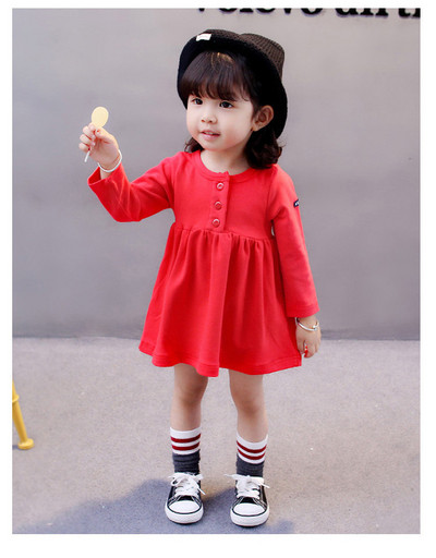 Детска рокля с дълъг ръкав и копчета в жълт и червен цвят